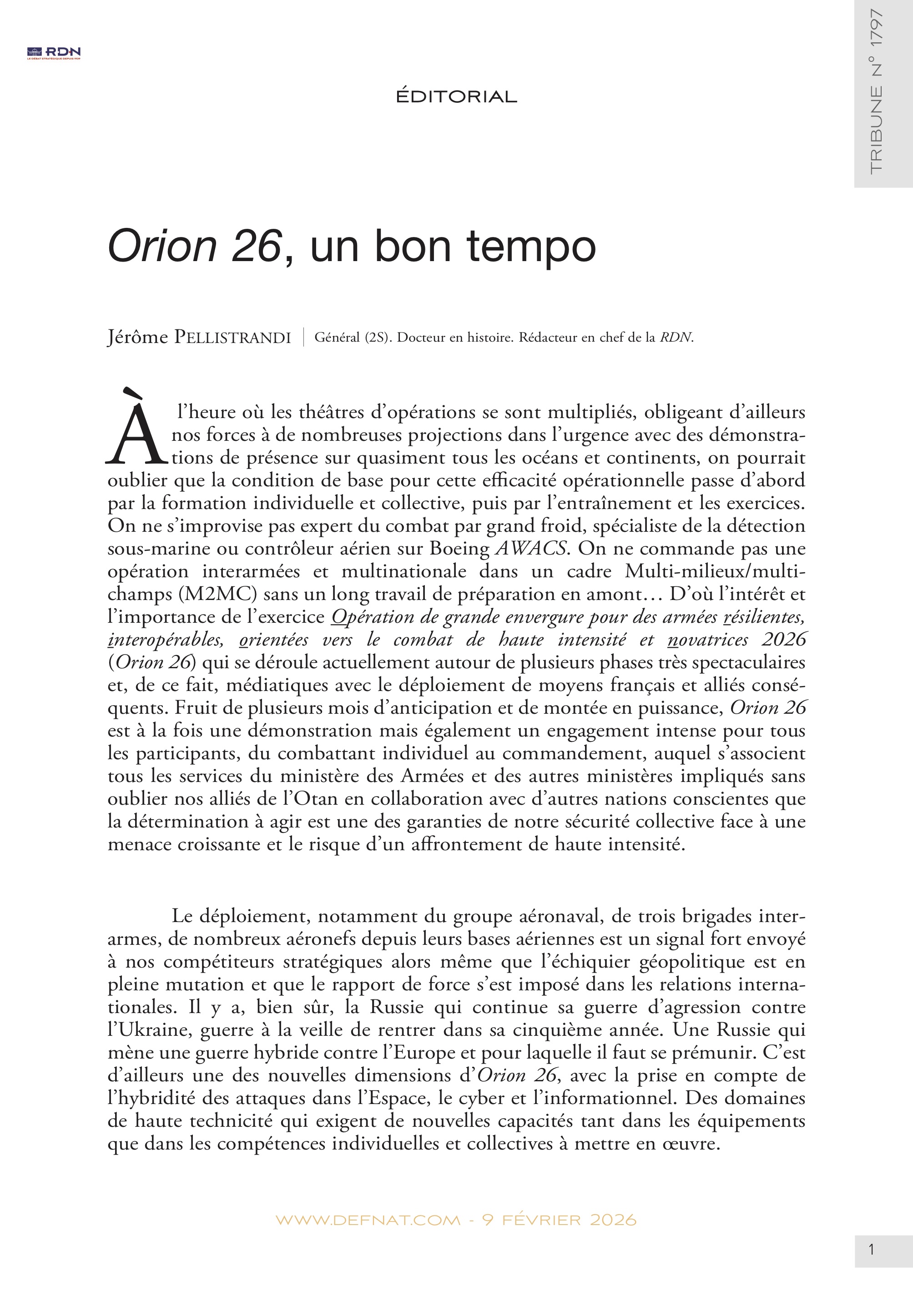 &Eacute;ditorial &ndash;&nbsp;Orion&nbsp;26, un&nbsp;bon&nbsp;tempo (T&nbsp;1797)
